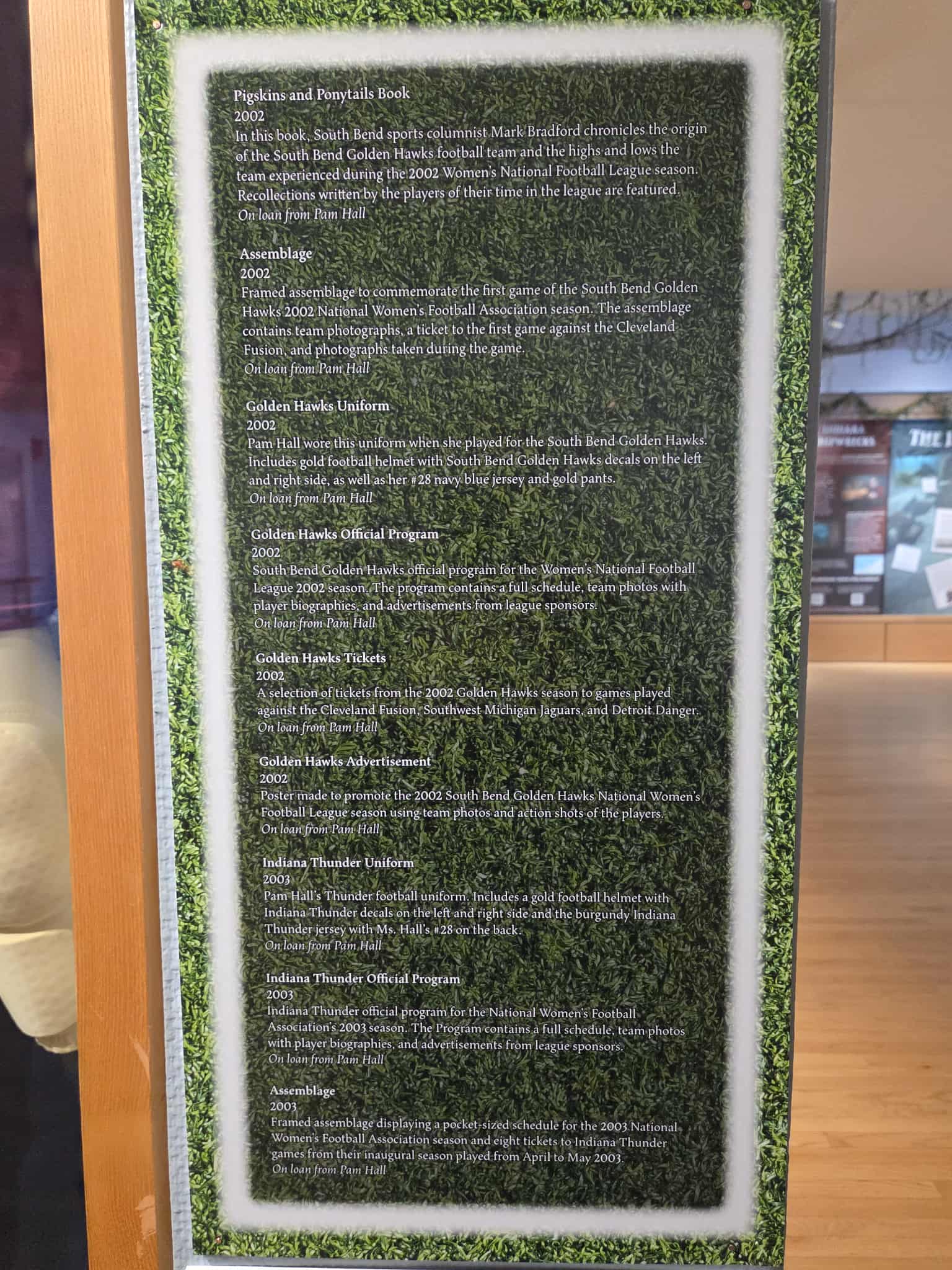 Full list of items in the Pigskins and Ponytails museum exhibit