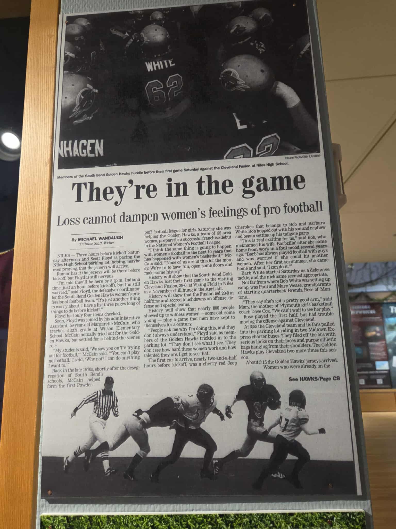 Newspaper article: They're in the Game — women's professional football coverage from South Bend Tribune