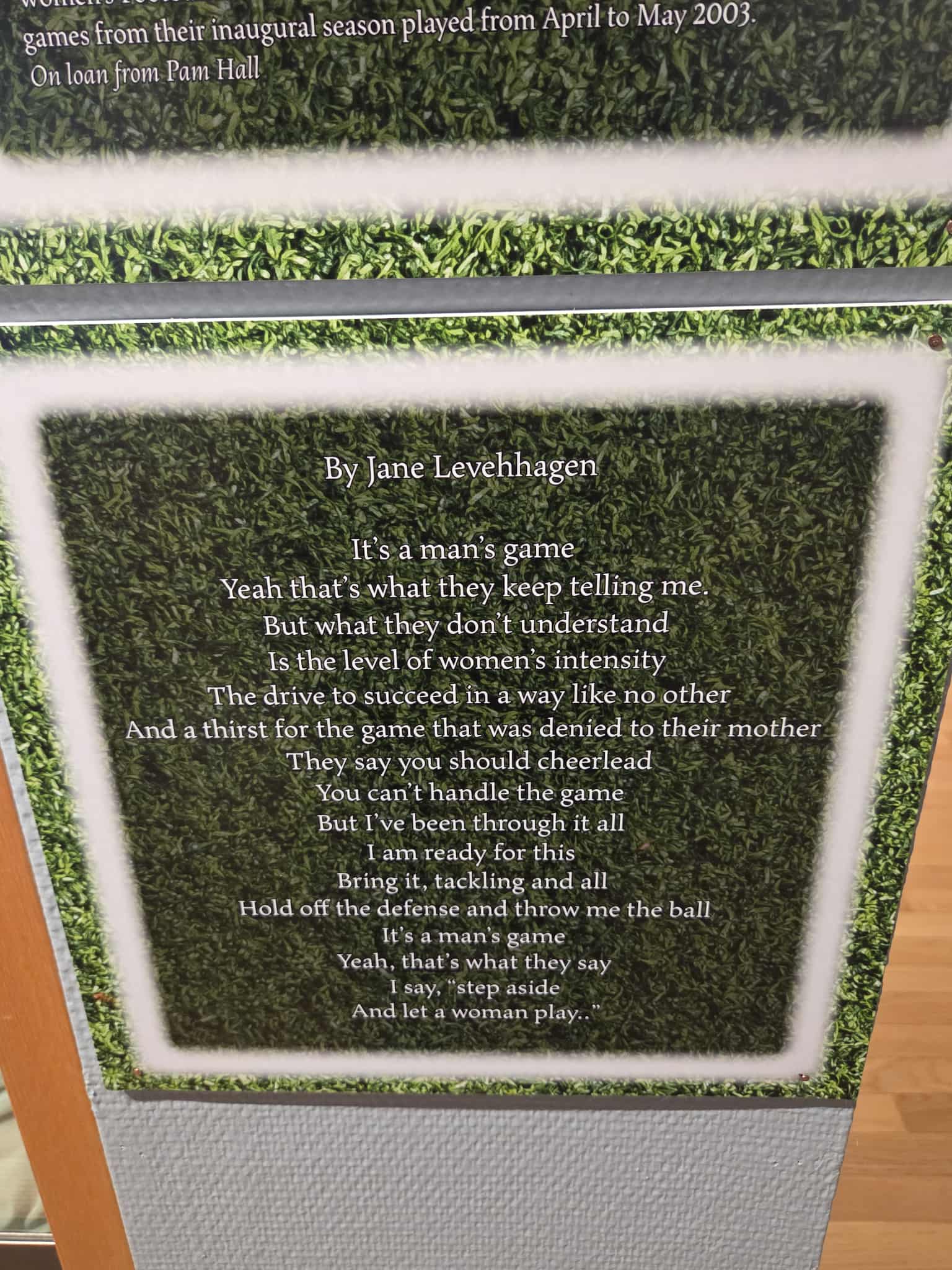 Jane Levenhagen's poem about women's football displayed at the museum